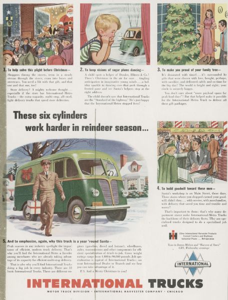 Advertising proof for International trucks, featuring color illustrations of various Christmas scenes and an International Metro truck. Includes the text "These six cylinders work harder in reindeer season..."
