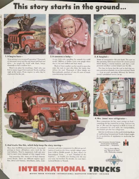 Advertising proof for International trucks, featuring color illustrations of a truck carrying coal, a baby, a hospital scene, and a refrigerator. Includes the text: "This story starts in the ground..."