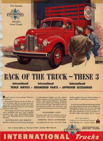 Magazine advertisement for International trucks, showing three men and a KB-5 truck bearing a "triple-diamond service" emblem or logo. Also includes the text: "Back of the Truck - These 3."