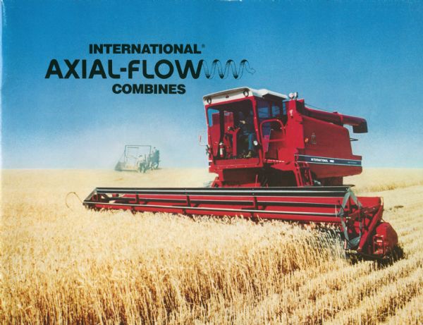 Cover of an advertising booklet featuring International axial-flow combines. A faded image in the background shows two men using Cyrus McCormick's reaper of 1831. Includes a color illustration of a combine.