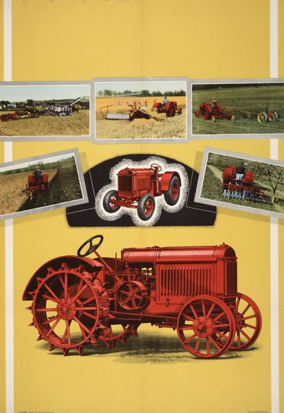 Advertising poster for McCormick 10-20 and 15-30 tractors. The poster features a color illustration of each of the tractors, and photographs of men using tractors to operate a harvester-thresher, a mower, a plow, a disk harrow, and to power a stationary thresher.