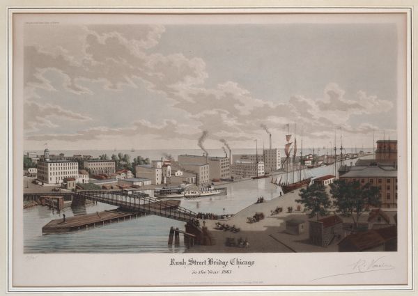 Color illustration of the Rush Street Bridge and Chicago River as it appeared in 1861. Includes the C.H. McCormick Reaper Works on the far side of the river. The illustration is based on a earlier lithograph. A note indicates that the print was "engraved in aquatint by R. Varin and published by A. Ackerman and Son, Inc."