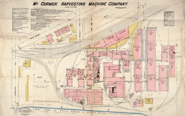Fire insurance map showing the grounds and buildings of the McCormick Reaper Works, a factory operated by the McCormick Harvesting Machine Company.