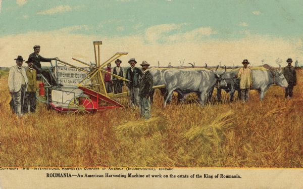 Postcard featuring a color illustration of men in suits and farm laborers in a field next to a grain binder drawn by four oxen. Original caption reads: "Roumania — An American Harvesting Machine at work on the estate of the King of Roumania."