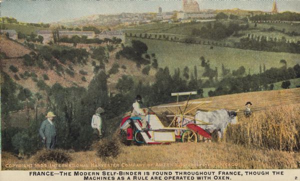 Postcard distributed by International Harvester Company featuring a color illustration of harvesting scene: a grain binder pulled by ox the the fields of France. Original caption reads: "France — the modern self-binder is found throughout France, though the machines as a rule are operated with oxen."