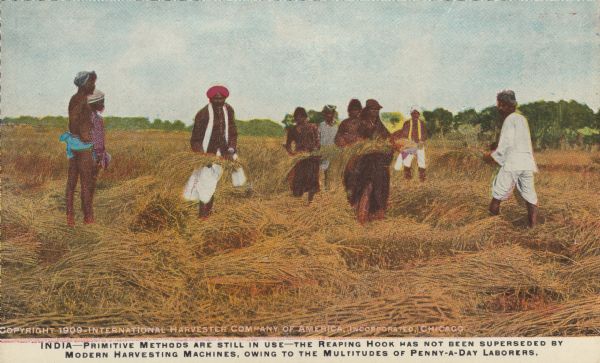 Postcard distributed by International Harvester Company featuring a color illustration of a harvesting scene in India: men and women working in fields. Original caption reads: "India — Primitive methods are still in use — the reaping hook has not been superseded by modern harvesting machines, owing to the multitudes of penny-a-day laborers."