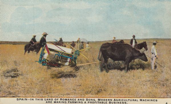 Postcard distributed by International Harvester Company featuring a color illustration of a harvesting scene in Spain: Spanish men and women in the field with a cattle-drawn grain binder. The illustration also shows people riding horses in the field and a woman holding a parasol (umbrella). Original caption reads: "Spain — In this land of romance and song, modern agricultural machines are making farming a profitable business."