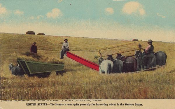 Postcard distributed by International Harvester Company featuring a color illustration of a harvesting scene in the United States. The scene features men working in the field with horses, a large cart and a "header". The original caption reads: "United States — The header is used quite generally for harvesting wheat in the western states."