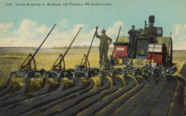 Postcard featuring a color illustration of a tractor pulling a plow in Montana. The original caption reads: "Steam Breaking in Montana, (14 Furrows, 196 Inches wide)."
