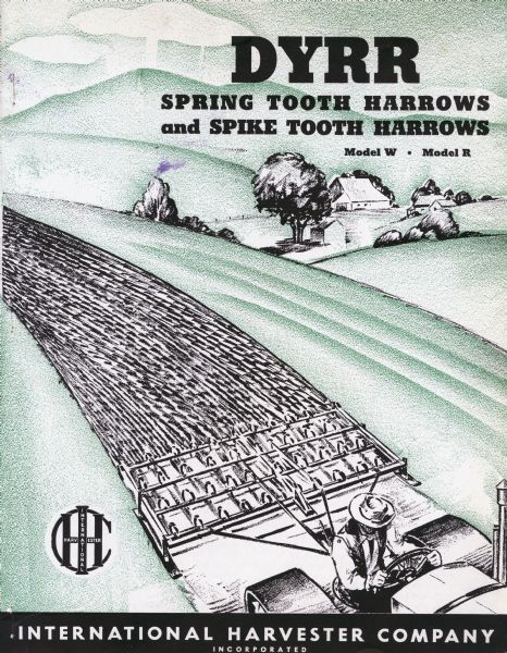 Cover of a brochure for Dyrr spring tooth and spike tooth harrows. Cover features an illustration of a field scene with a man operating a tractor and harrow. In the background is a farm.