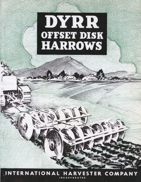 Cover of a brochure featuring an illustration of an offset disk harrow pulled by a TracTractor (crawler tractor). In the background is a farm.