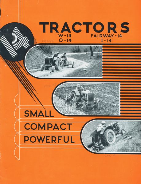 Advertising brochure featuring men operating W-14, O-14, Fairway-14 and I-14 tractors over an orange background.