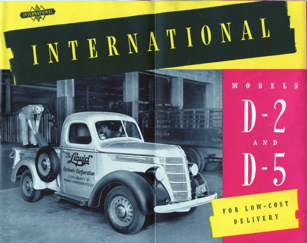 Cover of an International D-2 and D-5 truck brochure featuring the International Triple Diamond logo, and a photograph of a man unloading a D-2 truck. The truck was owned by The Liquid Carbonic Corporation, Harrison, Missouri.