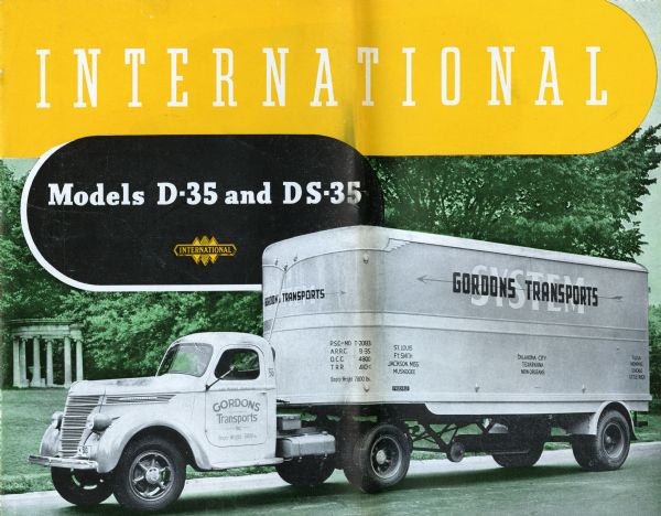 Advertising brochure for International D-35 and DS-35 trucks. Cover features a photograph of a D-35 owned by Gordon's Transports.
