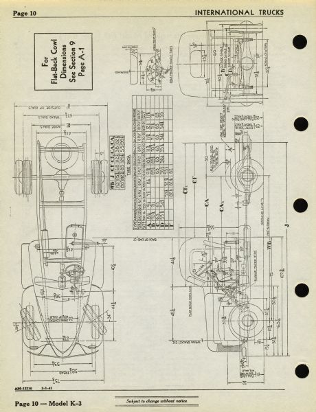 Dimensional drawing or chassis diagram of an International K-3 truck.
