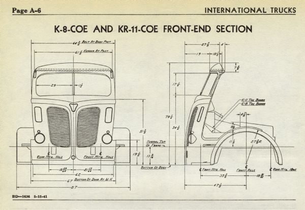 Dimensional drawing or chassis diagram for International K-8-COE and KR-11-COE trucks.