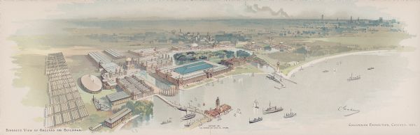 Color illustration of the grounds and buildings of the 1893 World's Fair or Columbian Exposition.