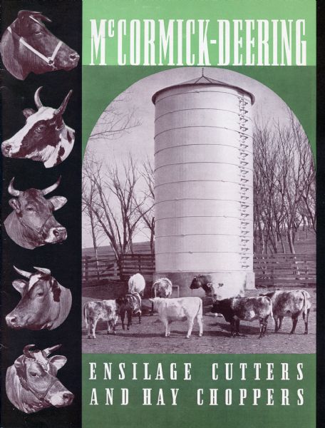 Cover of an advertising brochure for McCormick-Deering ensilage cutters, featuring an illustration of five cow heads flanking a picture of a feed storage silo.