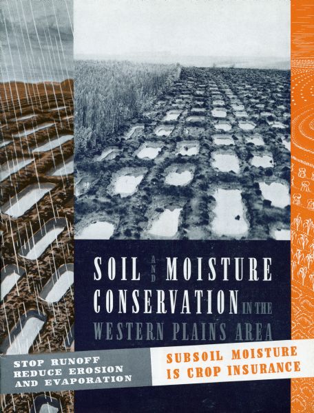 Cover of a brochure titled "Soil and Moisture Conservation in the Western Plains Area." Includes the text: "Stop runoff, Reduce Erosion and Evaporation."