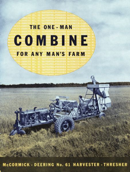 Cover of an advertising brochure featuring an illustration of a Farmall tractor pulling a McCormick-Deering No.61 Harvester-Thresher, the "One-Man Combine For Any Man's Farm."