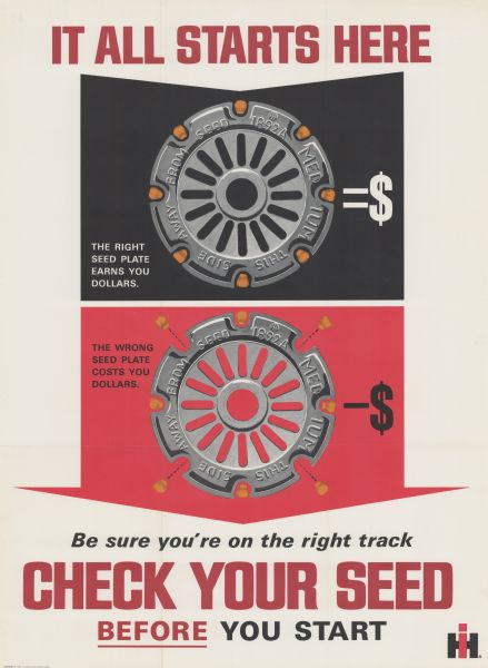 Advertising poster showing International Harvester seed plates. Features two illustrations of seed plates with seeds in them; one is the "right" plate and one is the "wrong" plate. Also includes the text: "it all starts here" and "check your seed before you start."