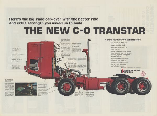 Advertising poster for the International Transtar semi truck (tractor-trailer).  Features a color photograph of a C-O 4070A truck with the cab up and parts labeled, a photograph of a man driving and a man sleeping in the cab, and the text: "Here's the big, wide cab-over with better ride and extra strength you asked us to build . . . the new C-O Transtar."