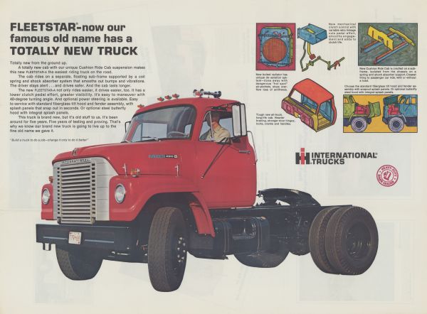 Advertising poster for the Fleetstar semi truck (tractor-trailer). Features a photograph of a man in the cab of a 2010 A, and artistic color illustrations of parts of the truck, including the cab, a tilt-hood, a butterfly-hood, the bolted radiator, the mechanical clutch control, and the sub-frame of the cab. Also includes the text: "Fleetstar--now our famous old name has a totally new truck."