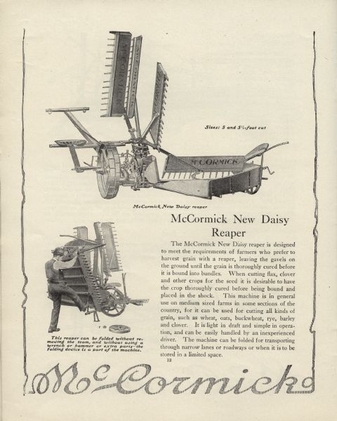 Page from an International Harvester advertising catalog describing the McCormick New Daisy reaper. Includes an illustration of a man folding the reaper.