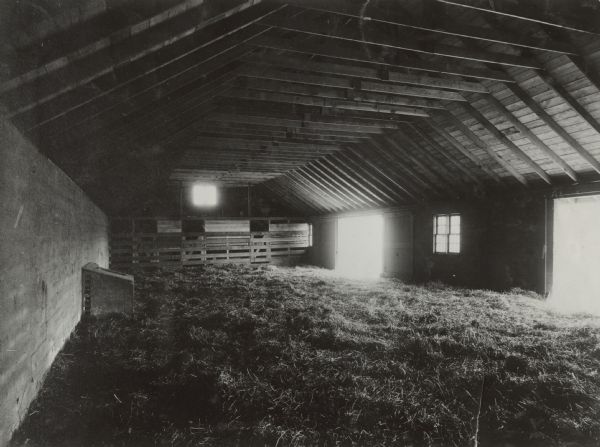 Interior of a hog house with windows, wooden rafters and hay on the floor.