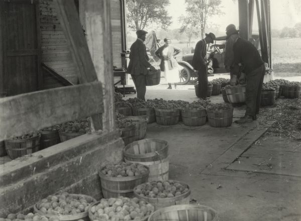 Men looking through baskets of peaches in an open shed, where fruit was sold by the bushel. Others stand nearby. Original caption reads: "Selling peaches at the shed."