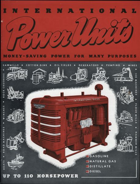 Cover of an International Power Units advertising brochure featuring a color illustration of a power unit and the text: "money-saving power for many purposes."