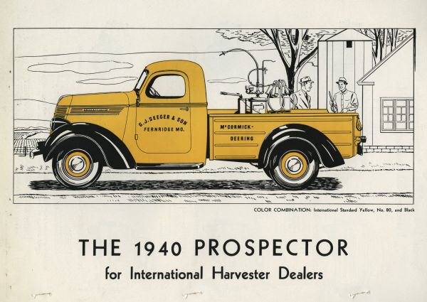 Cover of a "prospector" for International truck dealers. Cover includes a color illustration of truck, showing the color combination of International Standard Yellow, No.80, and Black.