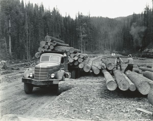 Two men are loading logs onto the bed of an International D-Line truck. A forest and mountain are in the background.