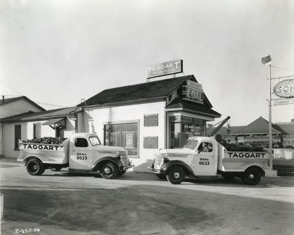Two International D-15 trucks owned by Taggart Coal and Supply Company parked outside the storefront.