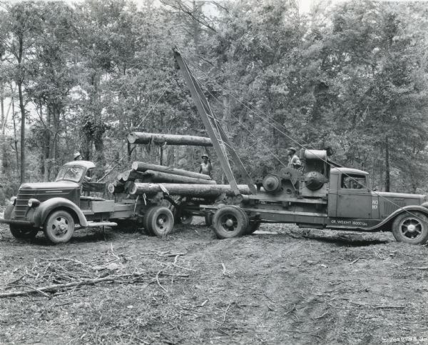 Three men use two International trucks to transport logs through a wooded area. The trucks were owned by F.J. Jacks, logger and retail lumberman.