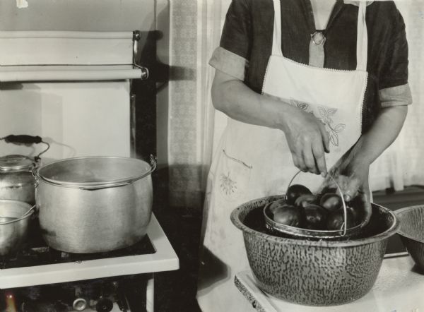 Woman at the Harvester Farm in the process of canning peaches. She is placing the peaches in a cold dip after scalding.