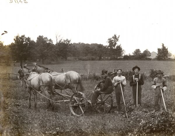 Four agricultural laborers posing in a field. One of the men is sitting on a horse-drawn mower, and the other three men are holding rakes.