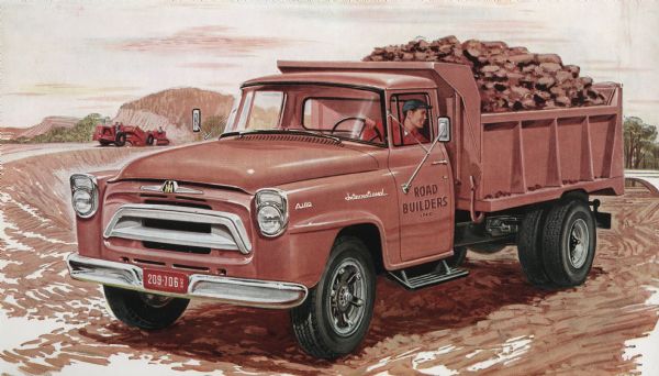 Advertising postcard featuring a color illustration of an International A-180 truck.