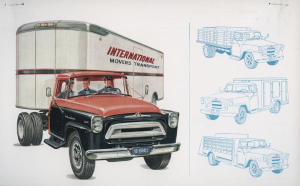 Advertising postcard featuring a color illustration of three men in the cab of an International A-180 semi-truck. The truck bears the text: "International Movers Transport."
