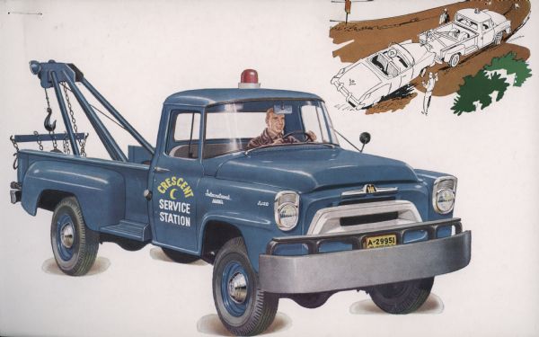 Advertising postcard featuring a color illustration of a man driving an International A-120 4x4 pickup truck with a winch (tow truck). The side of the truck bears the name: "Crescent Service Station."