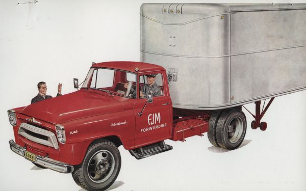 Advertising postcard featuring a color illustration of an International A-160 semi-truck.