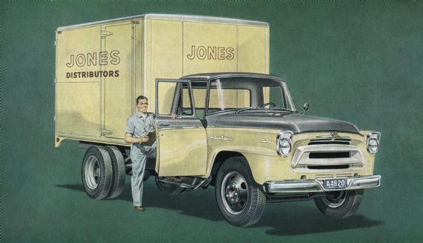 Advertising postcard featuring a color illustration of an International A-150 truck.
