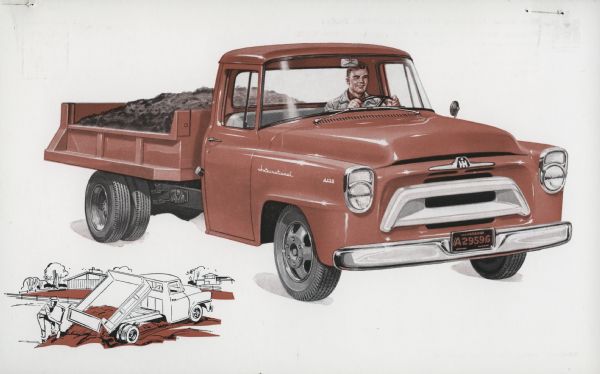 Advertising postcard featuring a color illustration of a man driving an International A-130 dump truck.