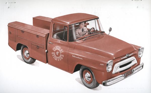 Advertising postcard featuring a color illustration of an International A-120 truck.
