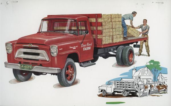 Advertising postcard featuring a color illustration of men handling bales of hay on an International A-160 truck.
