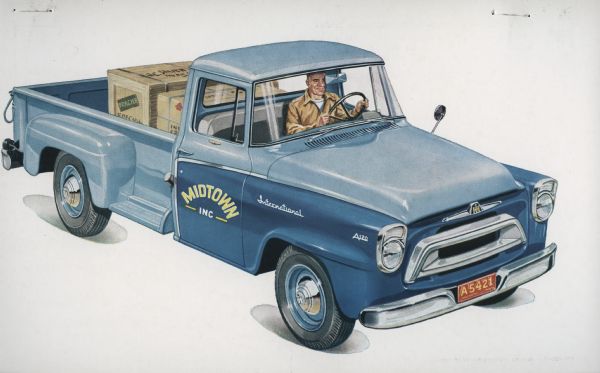 Advertising postcard featuring a color illustration of a man driving an International A-120 truck. The truck is carrying crates and is labeled "Midtown, Inc."