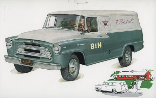 Advertising postcard featuring a color illustration of a man driving an International A-110 truck for "B&H Florist."
