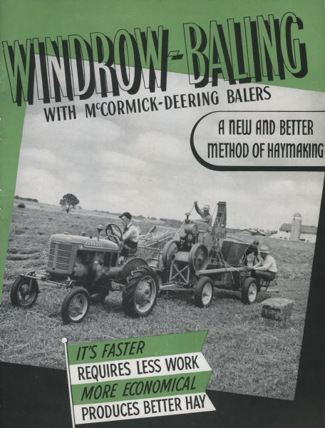Cover of an advertising catalog for balers, featuring a photograph of a man pulling a McCormick-Deering baler in a field with a Farmall A tractor.