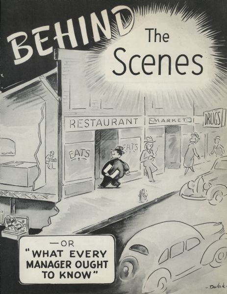 Cover of a brochure promoting International Harvester's refrigeration equipment, including beverage coolers. Features a black and white cartoon illustration of a man entering a restaurant from a street.