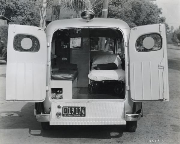 View into the interior of an International D-2 ambulance through the opened back doors. The vehicle was owned by the City of South Pasadena.